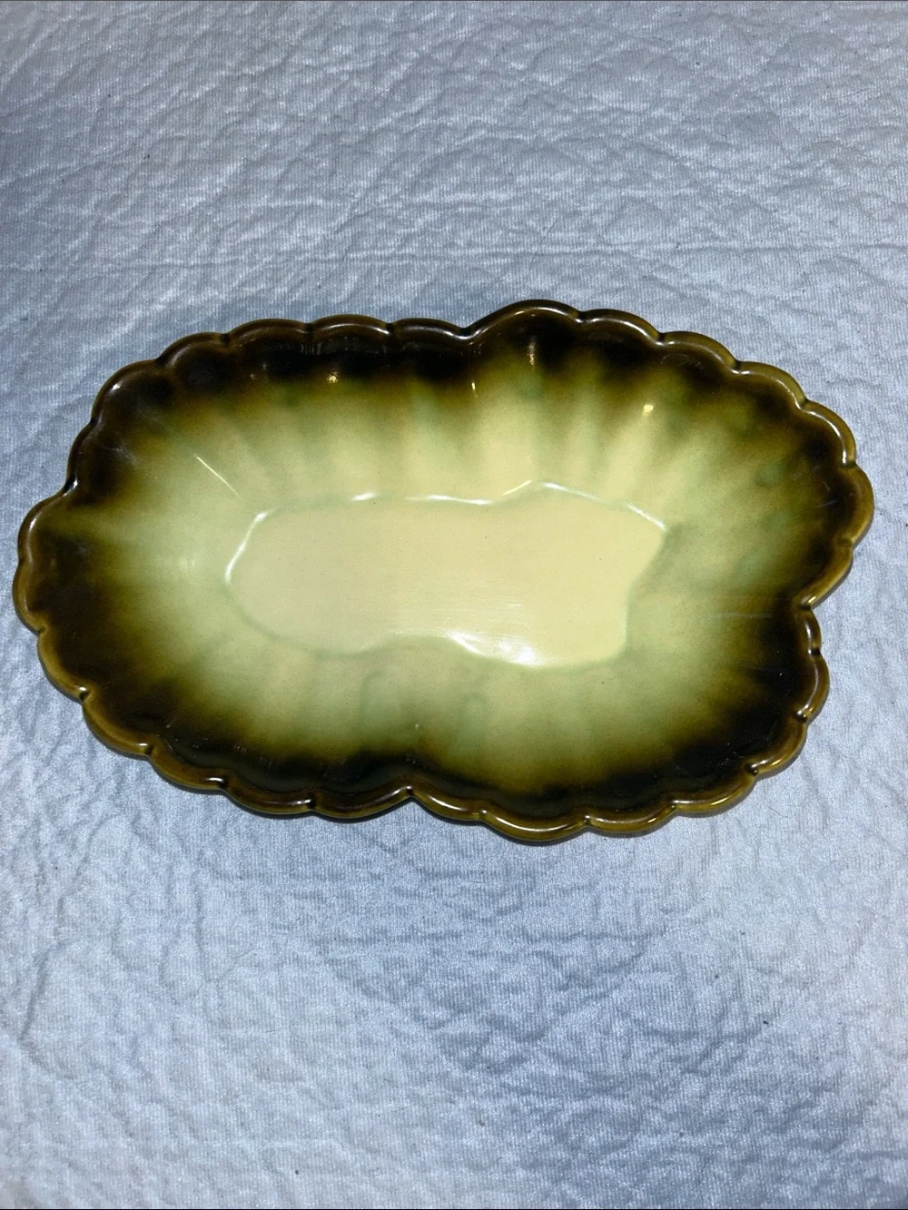 Mid-Century Modern Green/Brown Ombre Ceramic Leaf or Floral serving dish